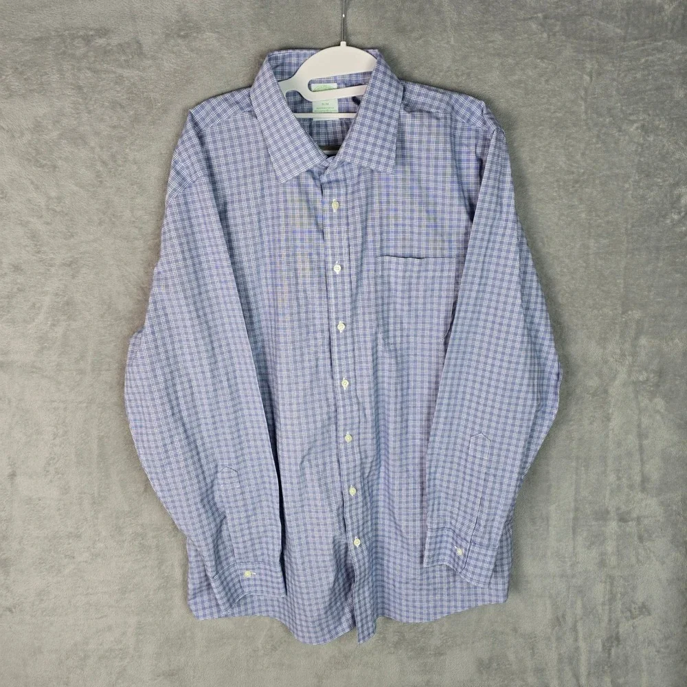 Brooks Brothers Mens Slim Fit Non-Iron Stretch Plaid Dress Shirt Blue‎ 17-34